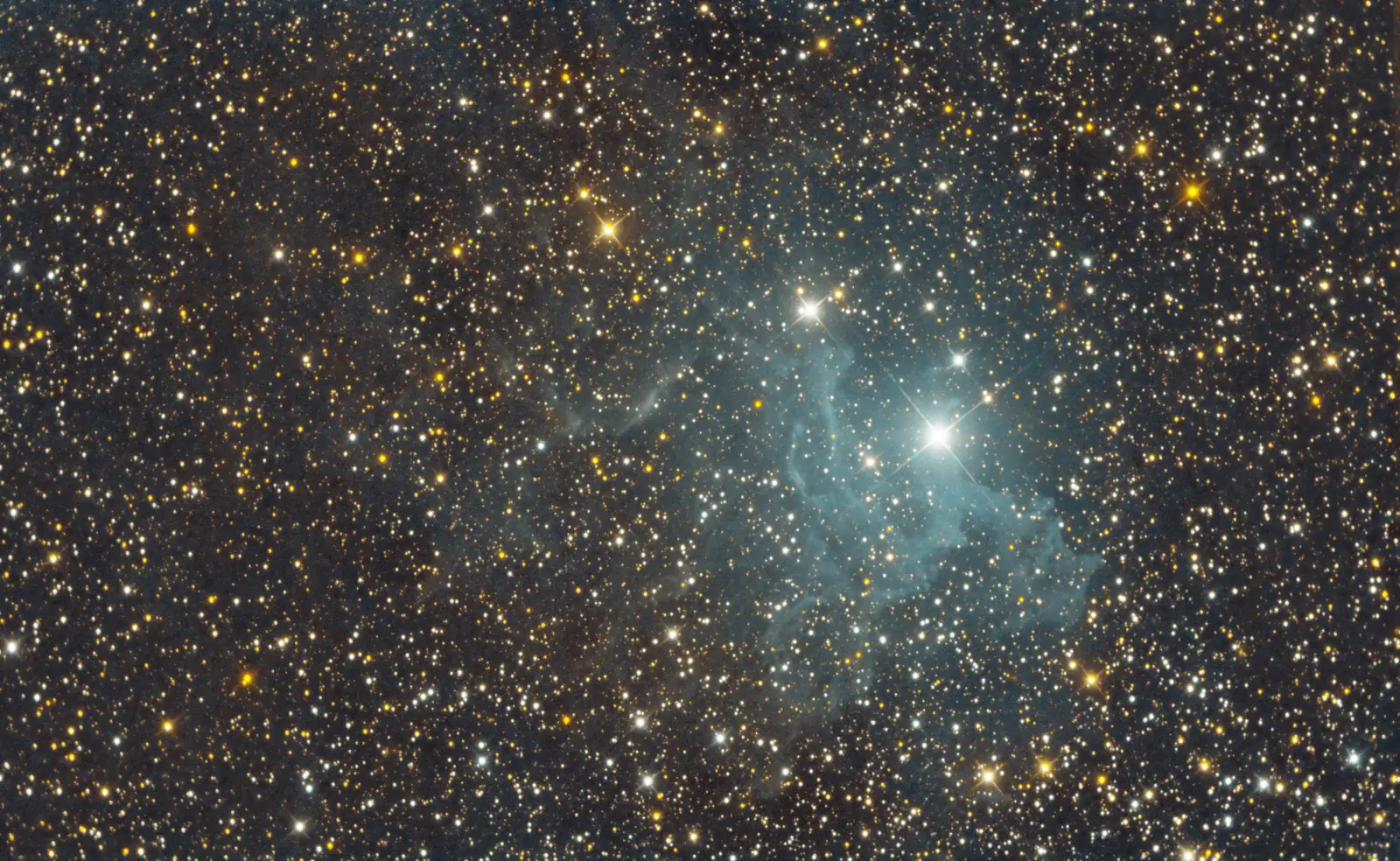 IC 405, the Flaming Star Nebula, imaged in Sloan g' and i' only. Without the hydrogen emission, what remains is blue-grey carbon dust reflecting the light of AE Aurigae.